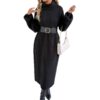 590829139 Loose Casual Long Dress High Neck Turn-down Collar Sweater Dress Without Beltì