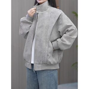 Vintage Tie-Dye PU Leather Zipper Stand Collar Loose Fit Jacket