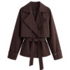British Style Belted Waist Flip Collar Trench Coat for Elegant Chic Look