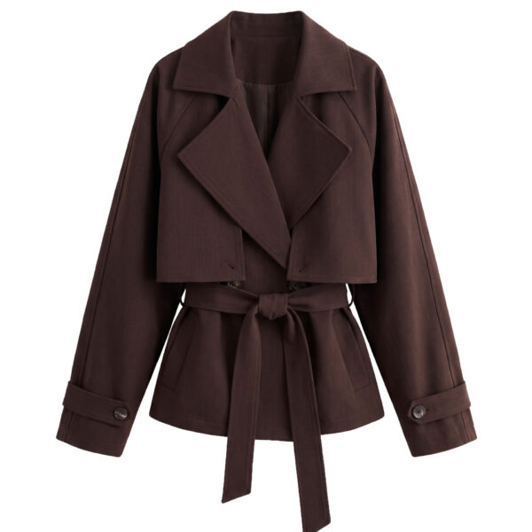 British Style Belted Waist Flip Collar Trench Coat for Elegant Chic Look