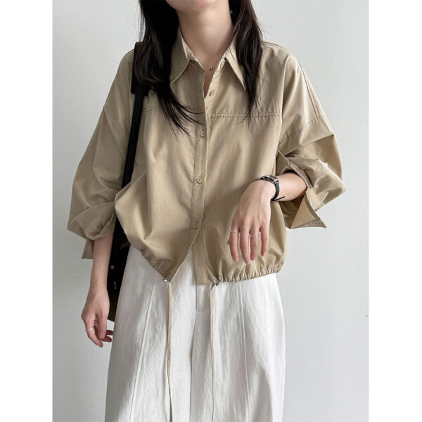 588004086 Drawstring Hem Loose Fit Shirt Casual Office Wear