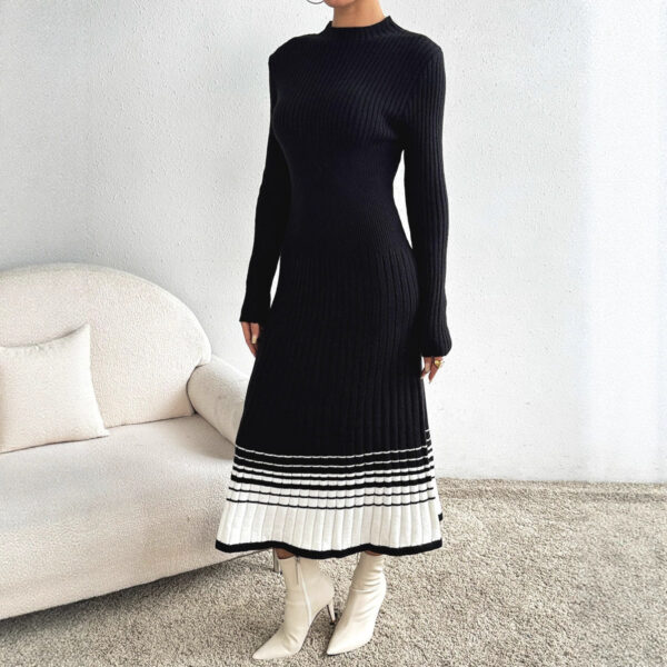 Women's Knit Dress with Black and White Stripes, Long Sleeve, Casual Basic Dress