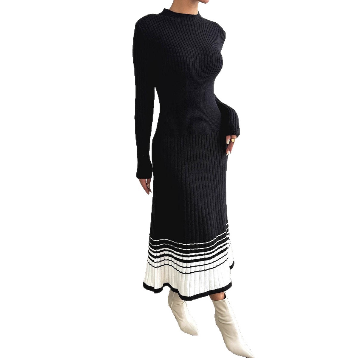 womens-knit-dress-with-black-and-white-stripes-long-sleeve-casual-basic-dress