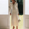 Elegant Fashion Knitted Long Dress with Flip Collar, Slim Fit, Long Sleeve, Elegant Style