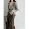 Lace Trim Knit Two-Piece Set V-Neck Crop Top + Elegant Fitted Cardigan