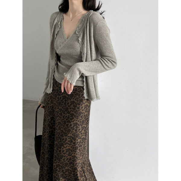 Lace Trim Knit Two-Piece Set V-Neck Crop Top + Elegant Fitted Cardigan