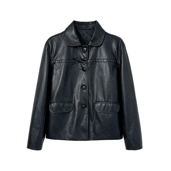 588004607 Lapel Single-Breasted Vintage Minimalist Commuter Leather Jacket