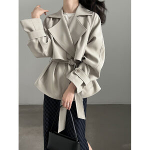 588003872 British Style Belted Waist Flip Collar Trench Coat for Elegant Chic Look