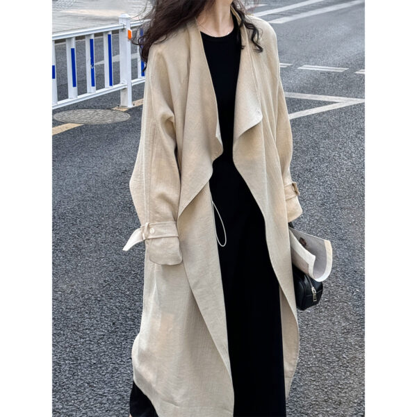 588004974 New Over-the-Knee Mid-Length Drawstring Linen Cotton Trench Coat