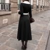 Elegant Long Sleeve V-Neck Belted Waist Long Dress
