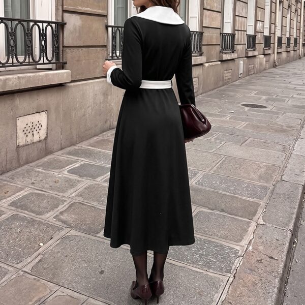Elegant Long Sleeve V-Neck Belted Waist Long Dress