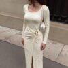 590828615 Irregular Long Sleeve Square Neck Side Slit Bodycon Maxi Dress