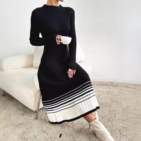 Women's Knit Dress with Black and White Stripes, Long Sleeve, Casual Basic Dress