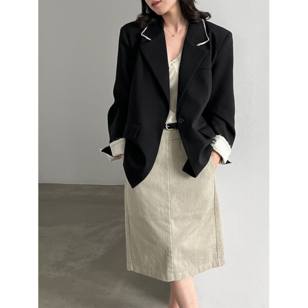 Chic Color-Blocking Raw Edge Notch Lapel Blazer