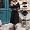 Elegant Long Sleeve V-Neck Belted Waist Long Dress