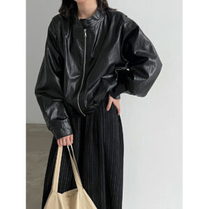 588005058 Retro PU Stand Collar Short Versatile Leather Coat