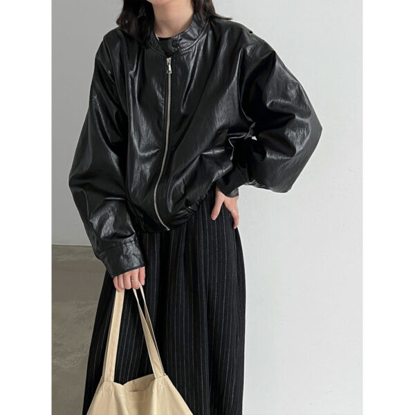 Retro PU Stand Collar Short Versatile Leather Coat