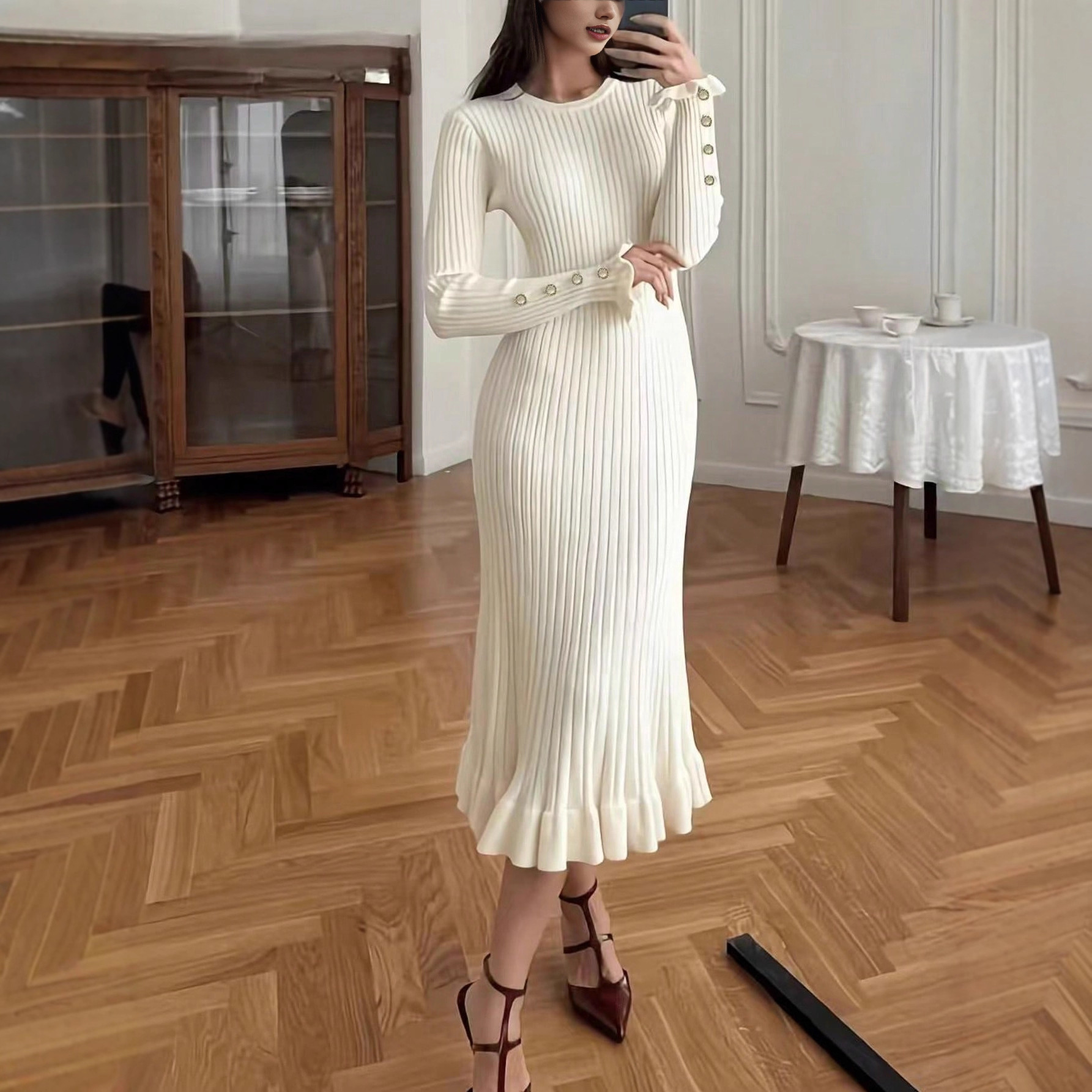 elegant-casual-knitted-solid-color-simple-versatile-dress