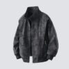 Vintage Tie-Dye PU Leather Zipper Stand Collar Loose Fit Jacket
