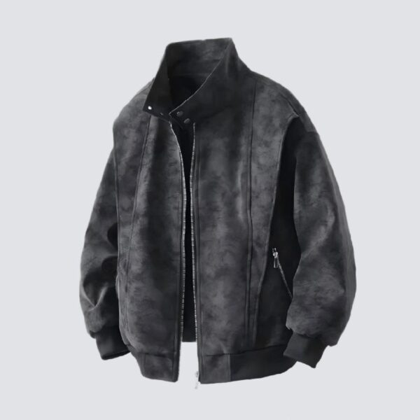 Vintage Tie-Dye PU Leather Zipper Stand Collar Loose Fit Jacket