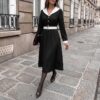Elegant Long Sleeve V-Neck Belted Waist Long Dress