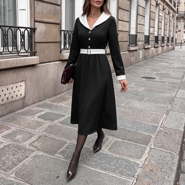 Elegant Long Sleeve V-Neck Belted Waist Long Dress