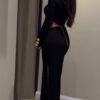 Black Cutout Waist Long-Sleeve Maxi Dress-Includes Waist Chain