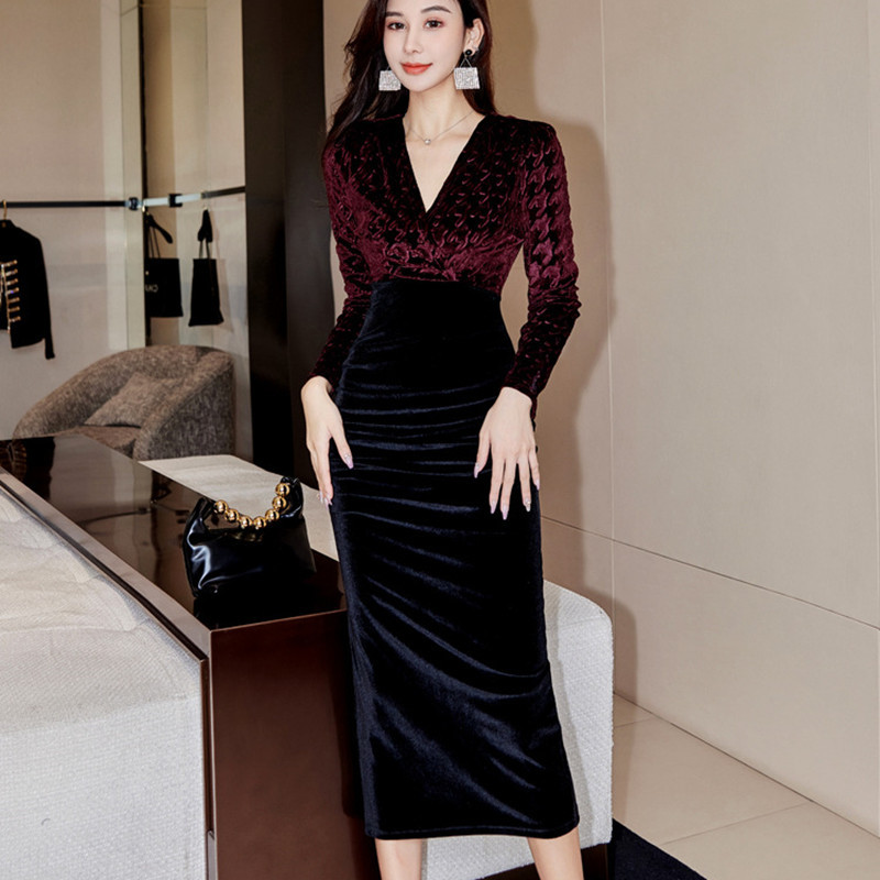 velvet-dress-womens-long-sleeve-waist-v-neck