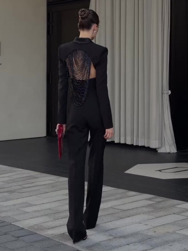 bdcadf0e-9a76-42cd-9553-34c171c2b36f.jpg Black Backless Beaded Cropped Blazer & High Waist Pants Set