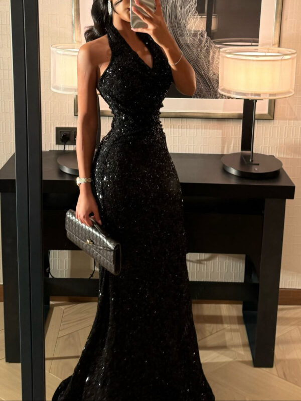 bebc7725-ed98-4833-a44e-9dad051d7ee9.jpg Black Sequin Halter Neck Mermaid Gown With Full Sparkle Detail