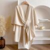 Faux Fur Collar Pom Pom Knitted Cardigan Cape