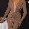 Deep V Long-sleeved Sequin Pleated Dress