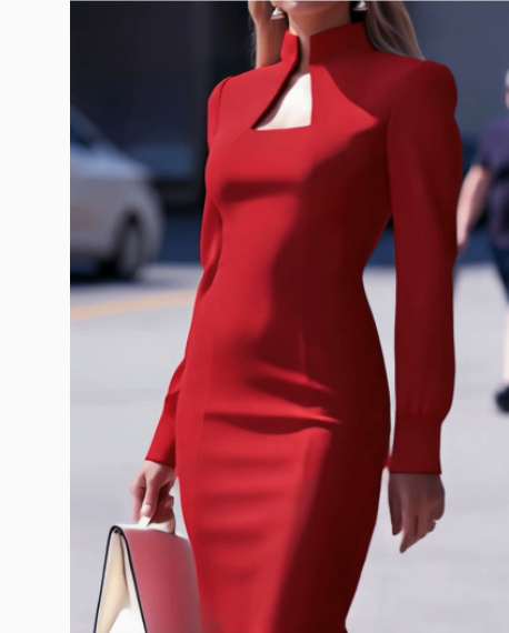 Banquet Party High-neck Long-sleeve Slim-fit Slimming Dress