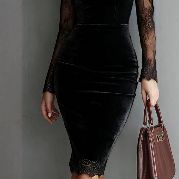 Women's Solid Color Sexy Lace Trim Bodycon Midi Dress, Long Sleeve Party Dress For Spring Autumn Evenings
