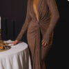 Deep V Long-sleeved Sequin Pleated Dress