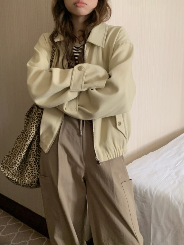 Casual Solid Color Lapel Long Sleeve Loose Slimming Zipper Coat